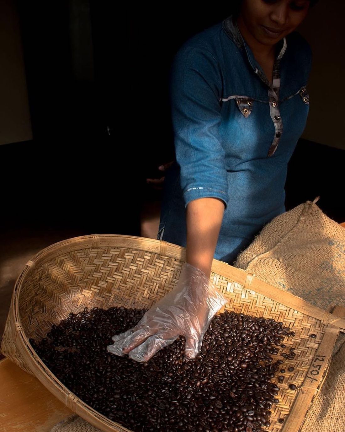 A member of the roastery team sorting roasted beans by hand
